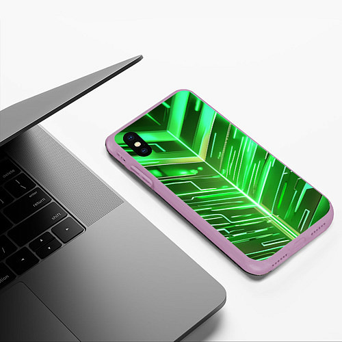 Чехол iPhone XS Max матовый Зелёные неон полосы киберпанк / 3D-Сиреневый – фото 3