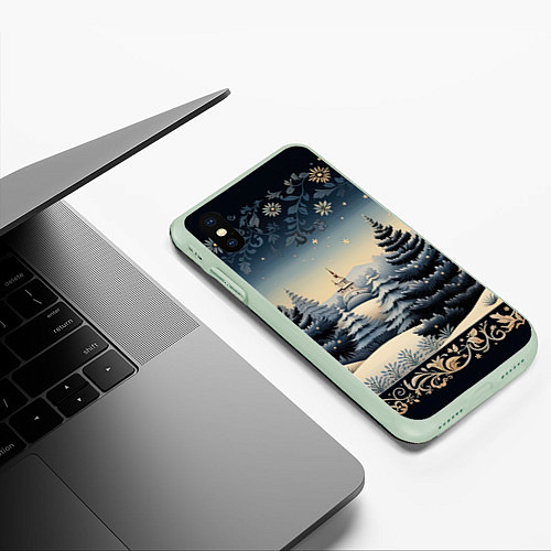 Чехол iPhone XS Max матовый Сияние праздника новогодний орнамент / 3D-Салатовый – фото 3
