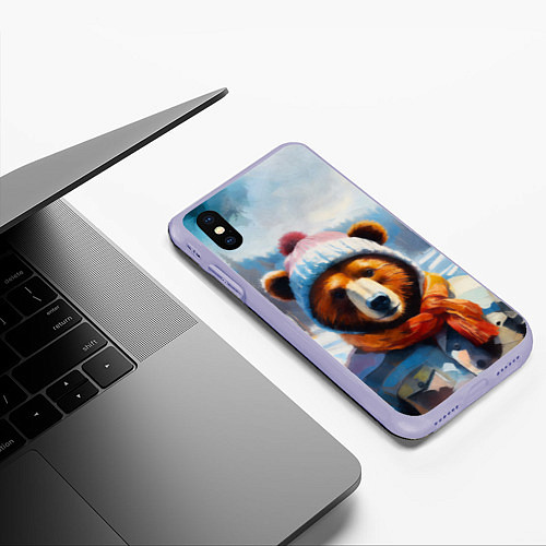 Чехол iPhone XS Max матовый Бурый медведь в зимней одежде / 3D-Светло-сиреневый – фото 3