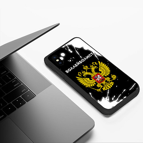 Чехол iPhone XS Max матовый Воллейболист из России и герб РФ / 3D-Черный – фото 3