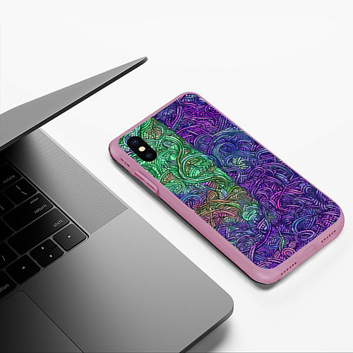 Чехол iPhone XS Max матовый Вьющийся узор фиолетовый и зелёный / 3D-Розовый – фото 3