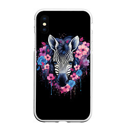 Чехол iPhone XS Max матовый Портрет зебры в цветах, цвет: 3D-белый