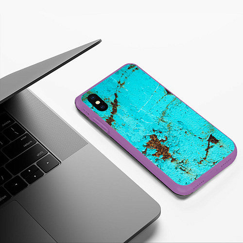 Чехол iPhone XS Max матовый Текстура бирюзового металла со ржавчиной / 3D-Фиолетовый – фото 3