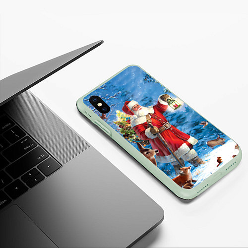 Чехол iPhone XS Max матовый Дед Мороз в лесу с животными / 3D-Салатовый – фото 3