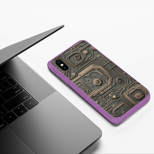 Чехол iPhone XS Max матовый Металлическая ржавая обшивка с микросхемами и гайк / 3D-Фиолетовый – фото 3
