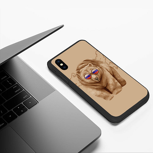 Чехол iPhone XS Max матовый Медведь патриотки в очках из России / 3D-Черный – фото 3