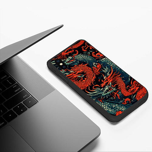Чехол iPhone XS Max матовый Красный и серый дракон / 3D-Черный – фото 3