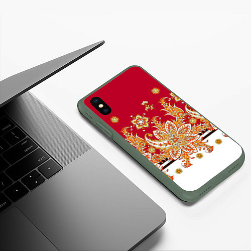 Чехол iPhone XS Max матовый Сказочный цветочный узор / 3D-Темно-зеленый – фото 3