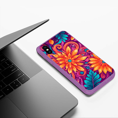 Чехол iPhone XS Max матовый Цветы и листья узор / 3D-Фиолетовый – фото 3