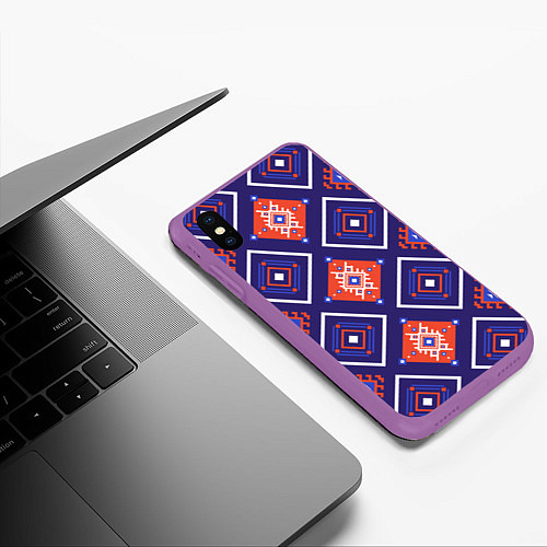 Чехол iPhone XS Max матовый Этнические ромбы в контрасте / 3D-Фиолетовый – фото 3