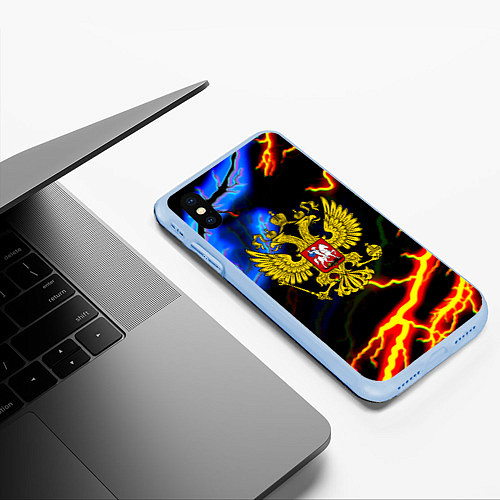 Чехол iPhone XS Max матовый Россия наша страна герб шторм / 3D-Голубой – фото 3