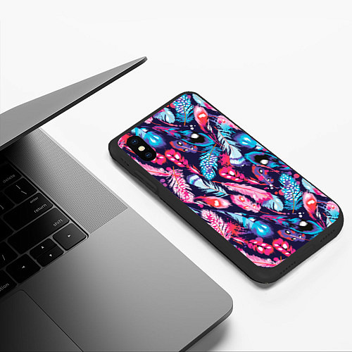 Чехол iPhone XS Max матовый Экзотические перья разноцветные / 3D-Черный – фото 3