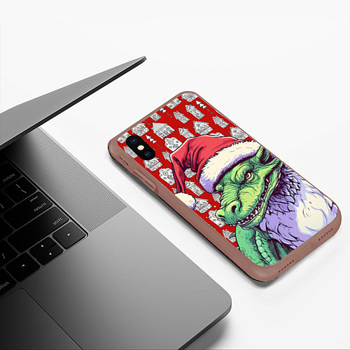 Чехол iPhone XS Max матовый Большой зеленый новогодний дракон / 3D-Коричневый – фото 3