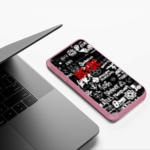 Чехол iPhone XS Max матовый AC DC all logo band / 3D-Малиновый – фото 3