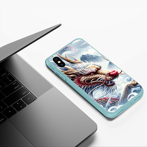 Чехол iPhone XS Max матовый Свирепый японский дракон - искусство / 3D-Мятный – фото 3