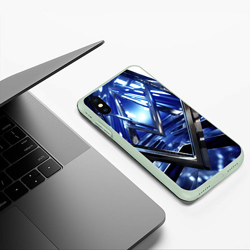 Чехол iPhone XS Max матовый Синяя и черная конструкция абстракция / 3D-Салатовый – фото 3