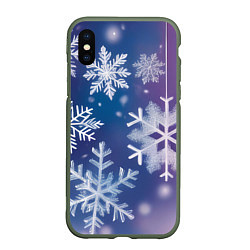 Чехол iPhone XS Max матовый Снежинки на фиолетово-синем фоне, цвет: 3D-темно-зеленый