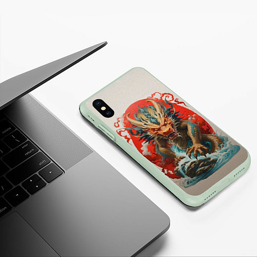 Чехол iPhone XS Max матовый Японский морской дракон / 3D-Салатовый – фото 3