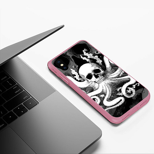 Чехол iPhone XS Max матовый Череп осьминог с водорослями и пузырями / 3D-Малиновый – фото 3