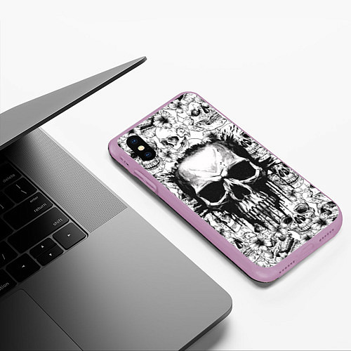 Чехол iPhone XS Max матовый Череп в стиле гранж на фоне узора / 3D-Сиреневый – фото 3