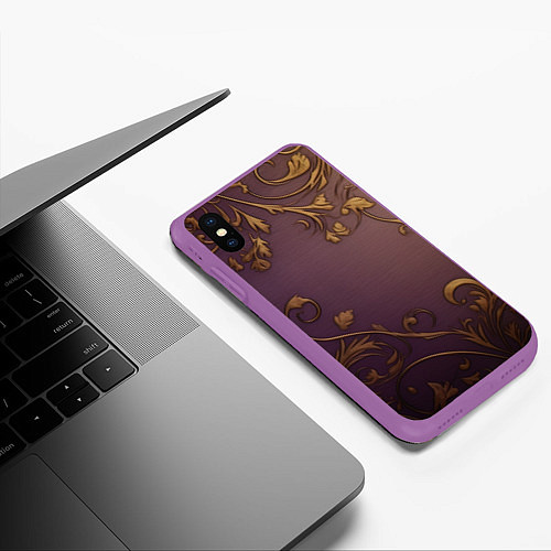 Чехол iPhone XS Max матовый Золотистые узоры на фиолетовом фоне / 3D-Фиолетовый – фото 3