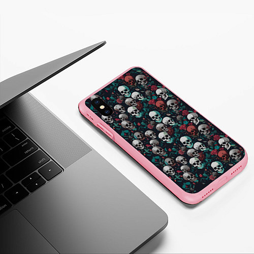 Чехол iPhone XS Max матовый Красные цветы и черепа / 3D-Баблгам – фото 3
