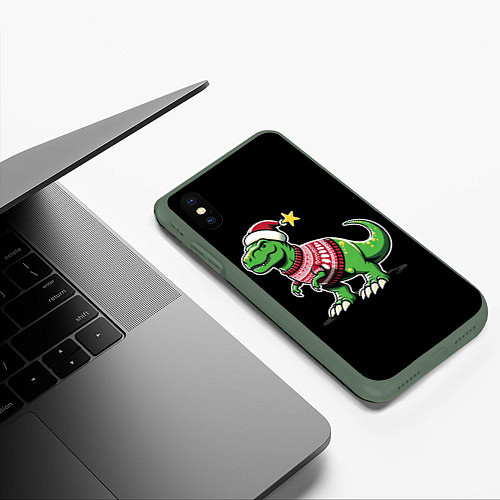 Чехол iPhone XS Max матовый Динозавр в рождественнском свитере / 3D-Темно-зеленый – фото 3