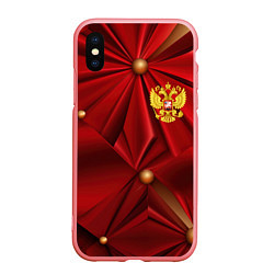 Чехол iPhone XS Max матовый Золотой герб России на красной абстракции, цвет: 3D-баблгам