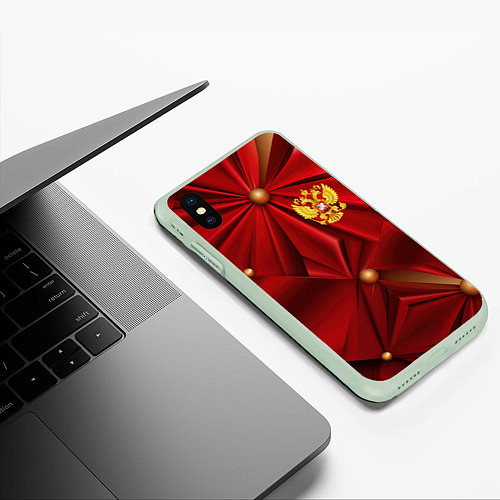 Чехол iPhone XS Max матовый Золотой герб России на красной абстракции / 3D-Салатовый – фото 3