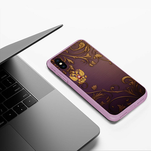 Чехол iPhone XS Max матовый Герб России золотой на фиолетовом фоне / 3D-Сиреневый – фото 3