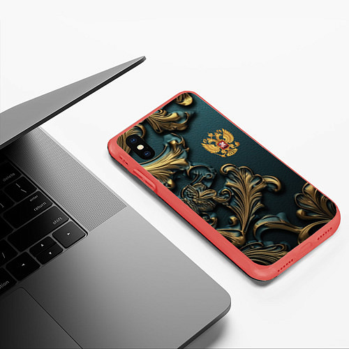 Чехол iPhone XS Max матовый Герб России и бирюзовый фон / 3D-Красный – фото 3