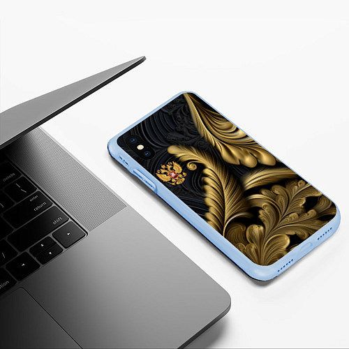 Чехол iPhone XS Max матовый Золотой узор и герб России / 3D-Голубой – фото 3