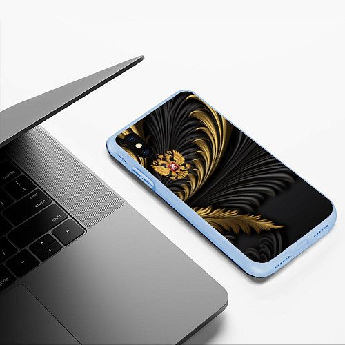 Чехол iPhone XS Max матовый Герб России черный и золотой фон / 3D-Голубой – фото 3