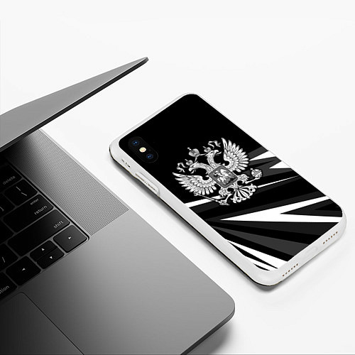 Чехол iPhone XS Max матовый Герб РФ - white and black geometry / 3D-Белый – фото 3