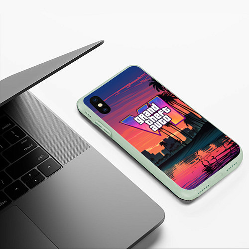 Чехол iPhone XS Max матовый GTA 6 лого на фоне заката / 3D-Салатовый – фото 3