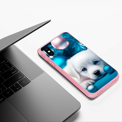 Чехол iPhone XS Max матовый Белый щенок с розовыми и голубыми шариками / 3D-Баблгам – фото 3