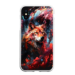 Чехол iPhone XS Max матовый Красный волк в брызгах краски, цвет: 3D-белый