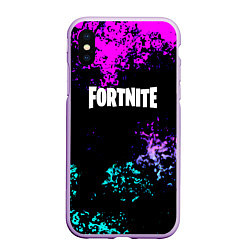 Чехол iPhone XS Max матовый Fortnite капли неоновых красок, цвет: 3D-сиреневый