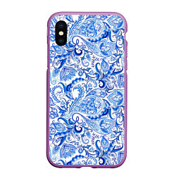 Чехол iPhone XS Max матовый Гжельская роспись на белом фоне, цвет: 3D-фиолетовый