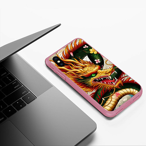 Чехол iPhone XS Max матовый Морда японского дракона - ирезуми / 3D-Малиновый – фото 3