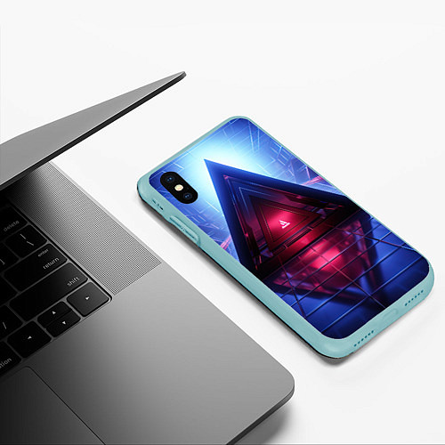 Чехол iPhone XS Max матовый Фиолетовое свечение за треугольной абстракцией / 3D-Мятный – фото 3