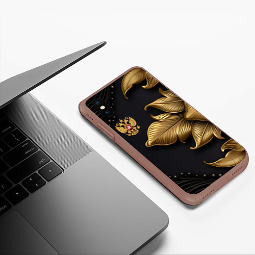 Чехол iPhone XS Max матовый Золотой герб России / 3D-Коричневый – фото 3