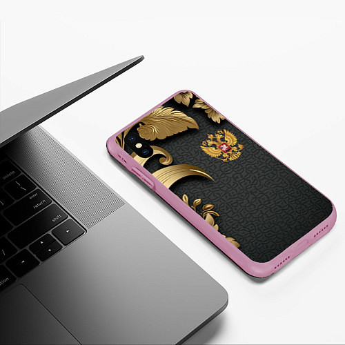 Чехол iPhone XS Max матовый Золотой герб России и объемные узоры / 3D-Розовый – фото 3