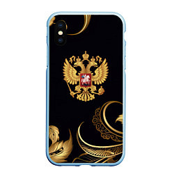 Чехол iPhone XS Max матовый Золотой герб России и объемные листья, цвет: 3D-голубой