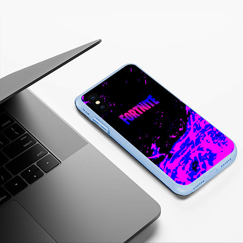 Чехол iPhone XS Max матовый Fortnite neon logo steel / 3D-Голубой – фото 3