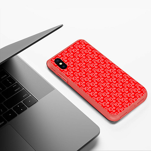 Чехол iPhone XS Max матовый Паттерн маленькие сердечки розовый / 3D-Красный – фото 3