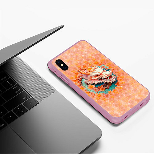 Чехол iPhone XS Max матовый Китайский дракон в розовых цветах / 3D-Розовый – фото 3