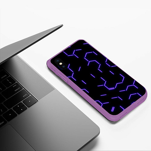 Чехол iPhone XS Max матовый Фиолетовые неоновые неполные гексагоны / 3D-Фиолетовый – фото 3