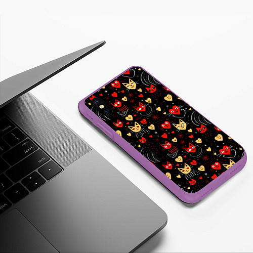 Чехол iPhone XS Max матовый Паттерн с сердечками и котами валентинка / 3D-Фиолетовый – фото 3