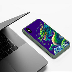 Чехол iPhone XS Max матовый Японская гравюра дракона - ирезуми, цвет: 3D-темно-зеленый — фото 2